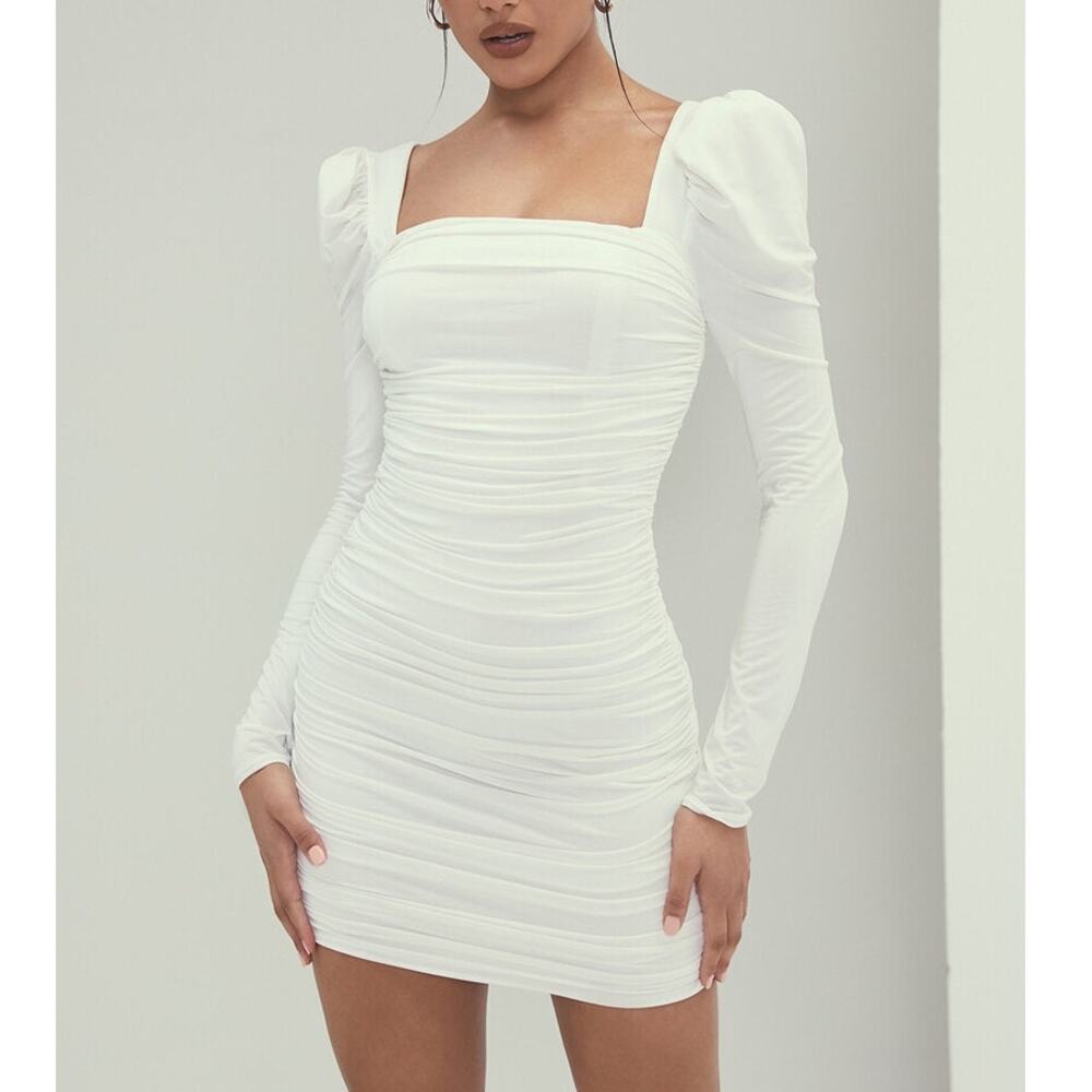 Mistress Rocks NWT Attraction White Jersey Gathered Long Sleeve Mini Dress